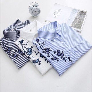 Áo sơ mi tay dài form rộng họa tiết thêu hoa thanh lịch cho nữ