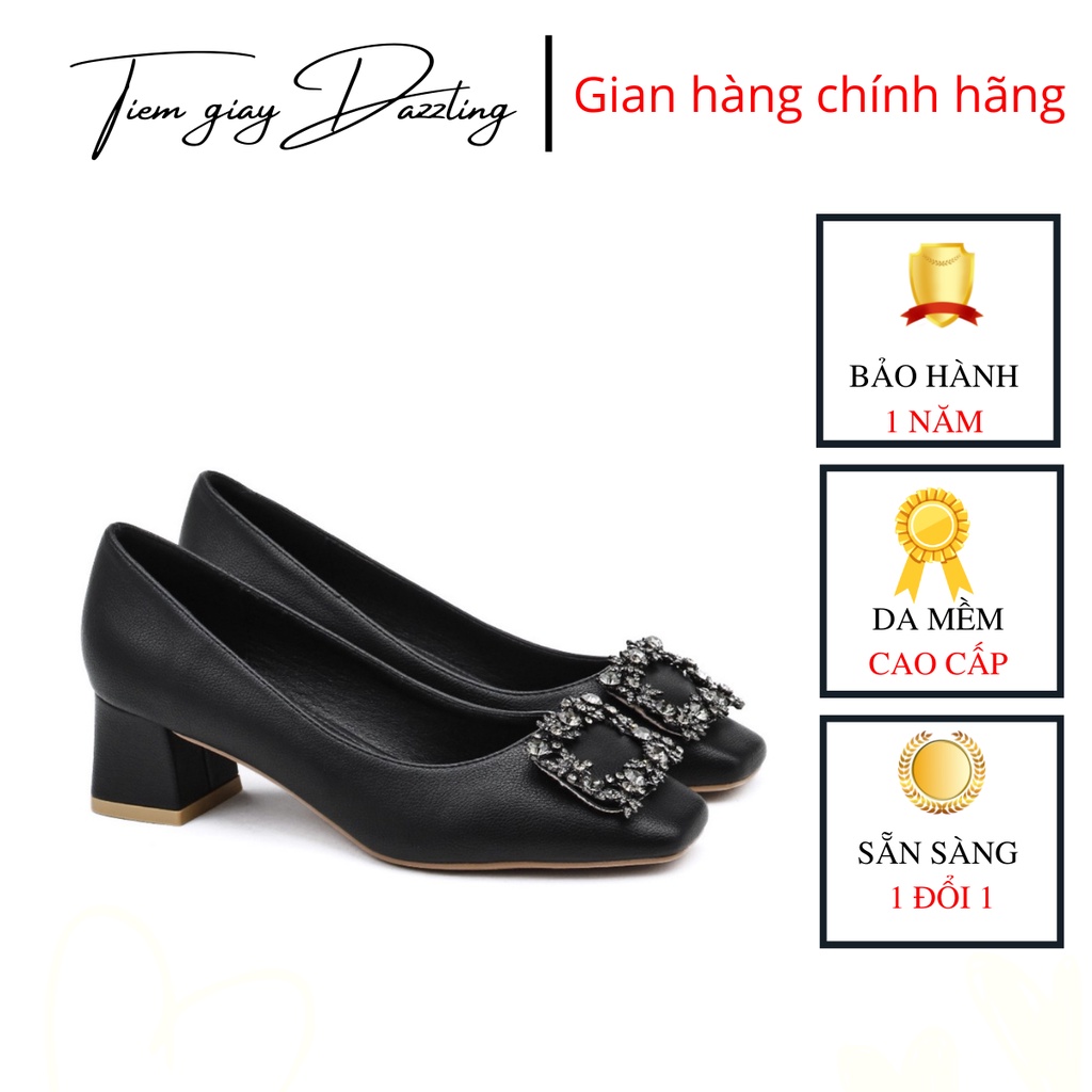 Giày cao gót 5p nữ đế vuông mũi vuông charm đá thời trang công sở đẹp cao cấp - tiemgiaydazzling DA723