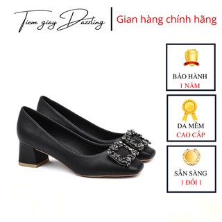 Giày cao gót 5p nữ đế vuông mũi vuông charm đá thời trang công sở đẹp cao cấp - tiemgiaydazzling DA723