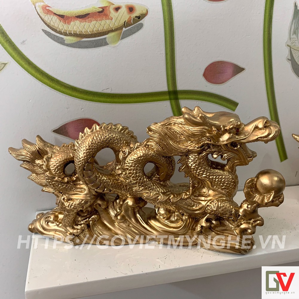 Tượng đá Rồng trang trí phong thủy - Màu nhũ vàng - Dài 26cm