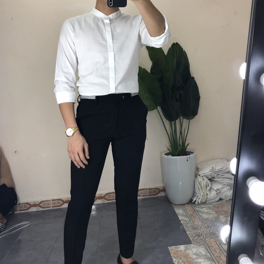 Sơ Mi Đũi Nam Dài Tay Hàn Cổ Tàu trắng ,đen hàng vải Đũi Xước Mỹ cao cấp ôm dáng thời trang trẻ