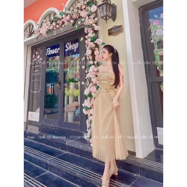 Set áo quây thô thêu hoa chân váy lưới dập ly