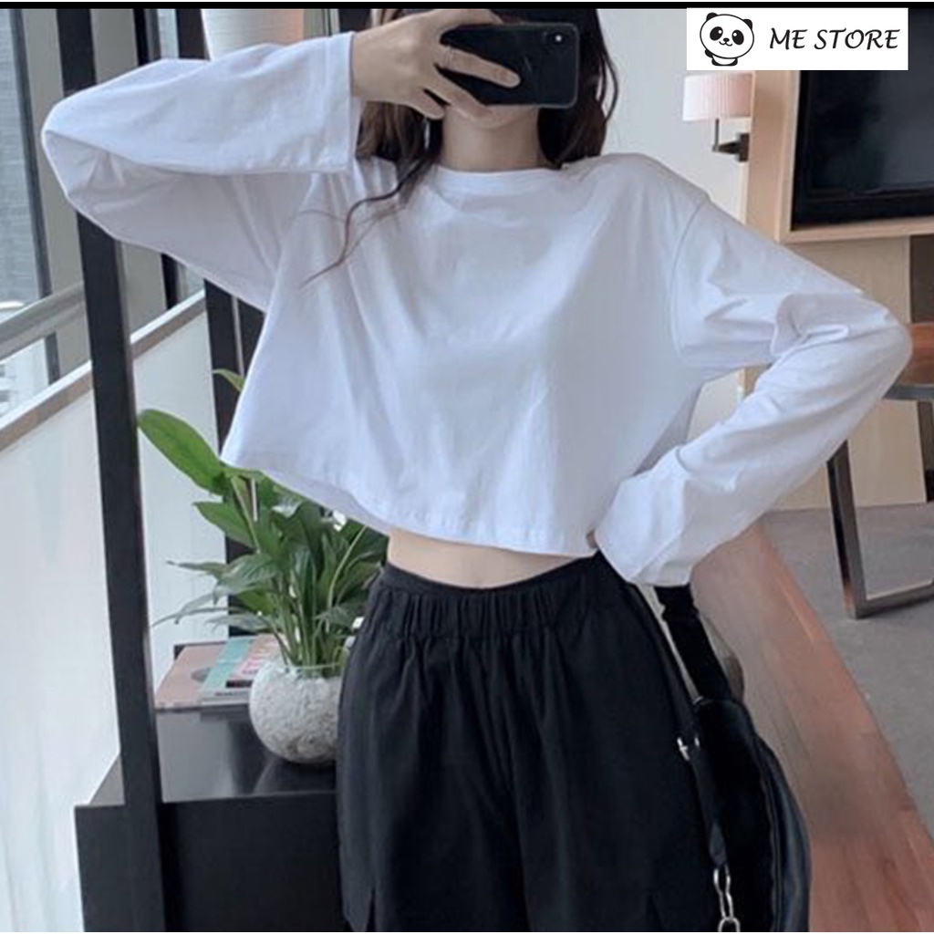 Áo thun tay dài thu đông croptop trơn Ulzzang form rộng dáng rộng chất liệu 100% cotton