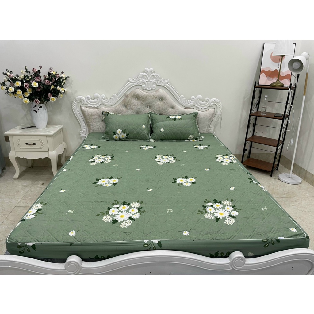 (Giá sốc)  Bộ Ga giường [ga kèm 2 vỏ gối] Drap trần bông bo chun nhiều kích thước mẫu Cành cúc xanh -  Được Chọn Mẫu