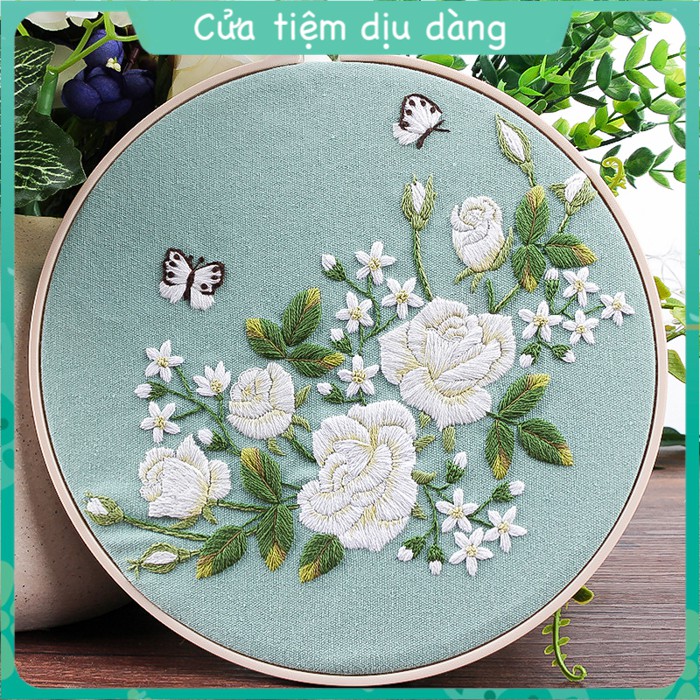 Set thêu embroidery (kèm khung ,vải in sẵn mẫu và chỉ thêu, kim) - cành hoa 1