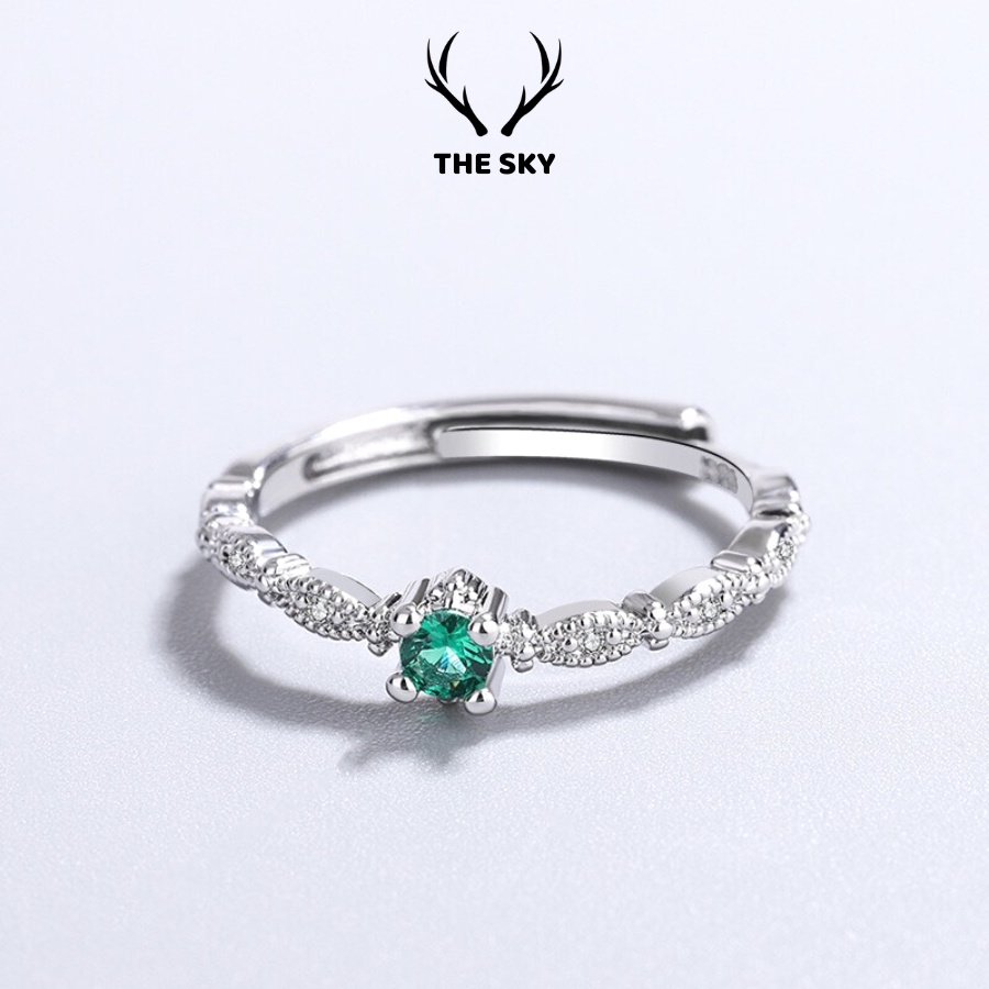 Nhẫn Bạc Nữ THE SKY NB09 Khắc Cách Điệu Kèm Mặt Đá Xanh Bích Freesize