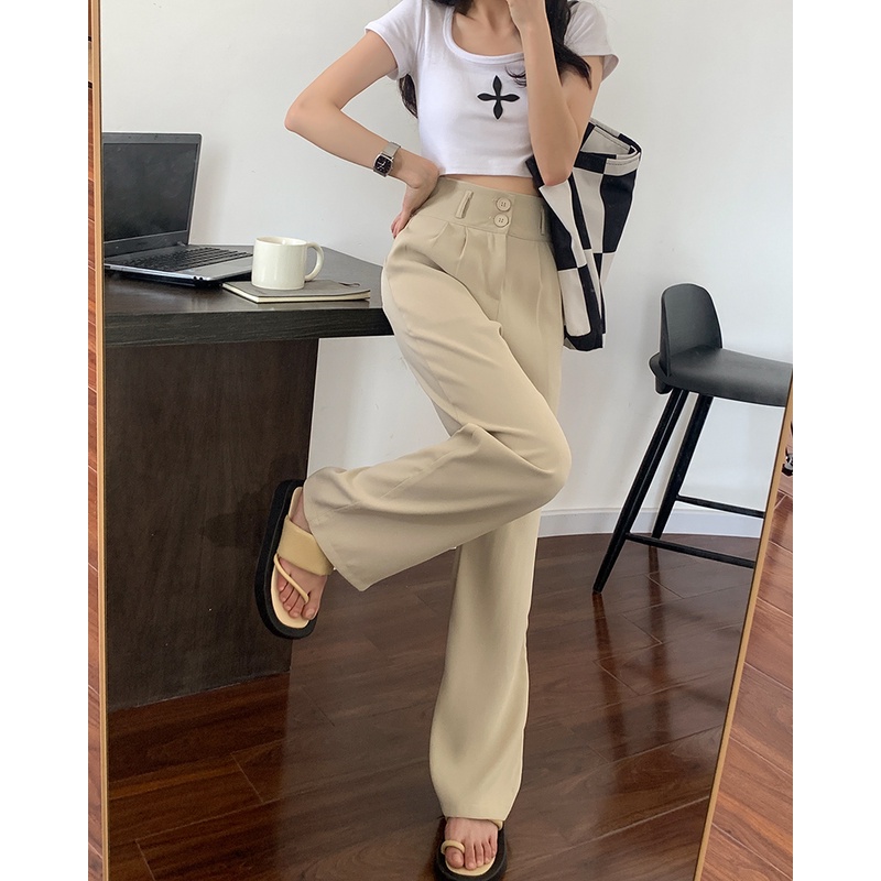 Quần tây nữ ống rộng lưng cao công sở 2 nút khuy Hàn Quốc Quần âu cạp cao nữ công sở Thời trang Cao cấp