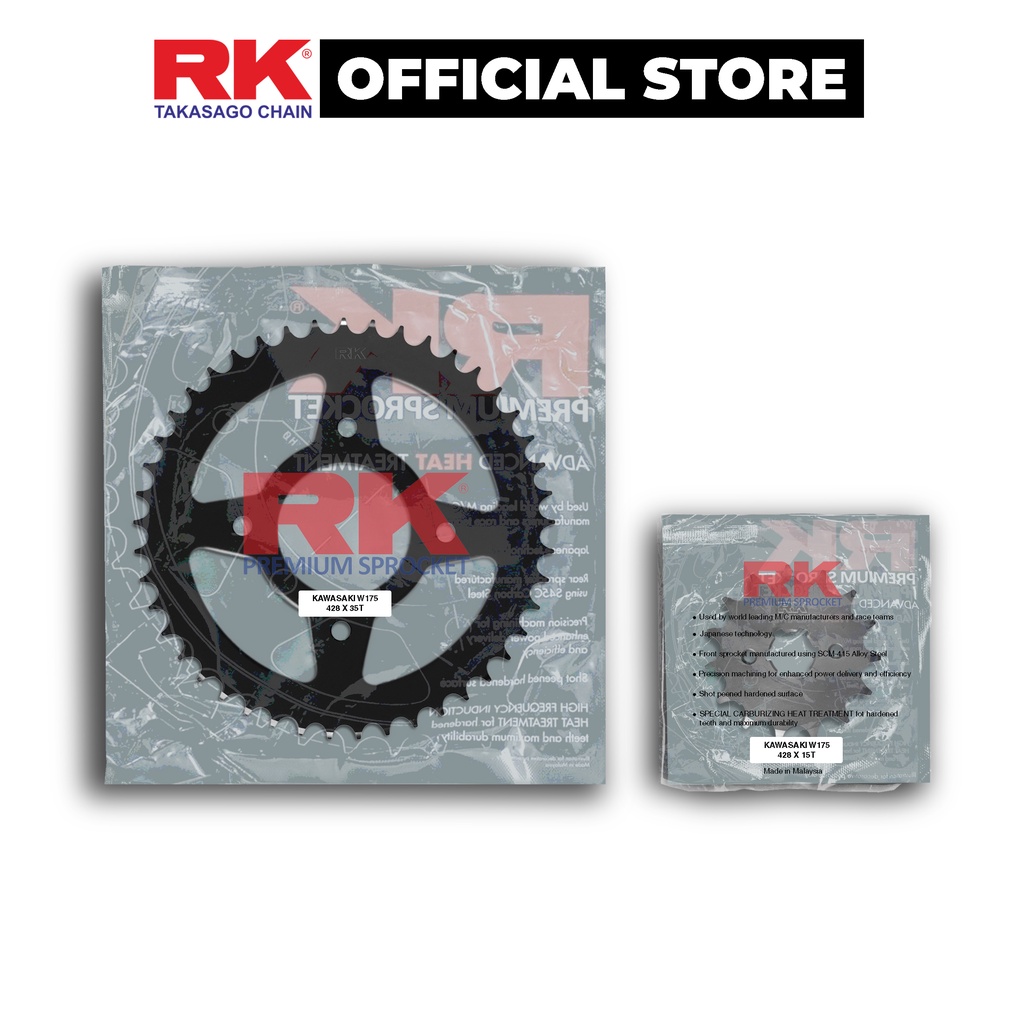 Nhông Dĩa RK Takasago chain cho xe phân khối lớn Kawasaki W175 SE, chất liệu: Thép mạ màu đen, độ dày Nhông Dĩa: 428