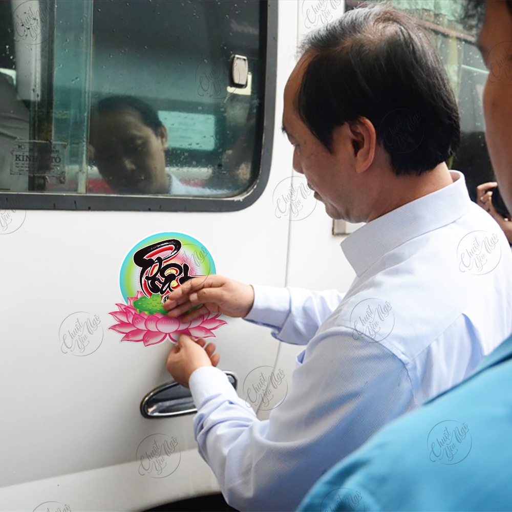 Hình dán Hoa sen chữ Phật trang trí cầu bình an may mắn chất liệu chống thấm nước nhiều kích thước