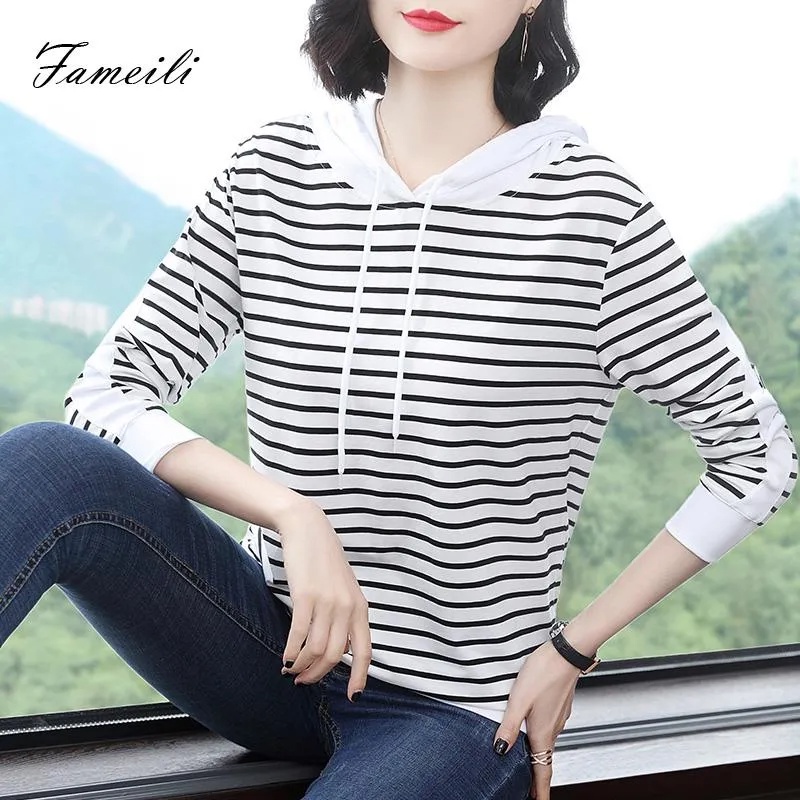 Áo Hoodie cotton Dáng Rộng Tay Dài Kẻ Sọc Ngang Thời Trang Mùa Thu Mới Cho Nữ