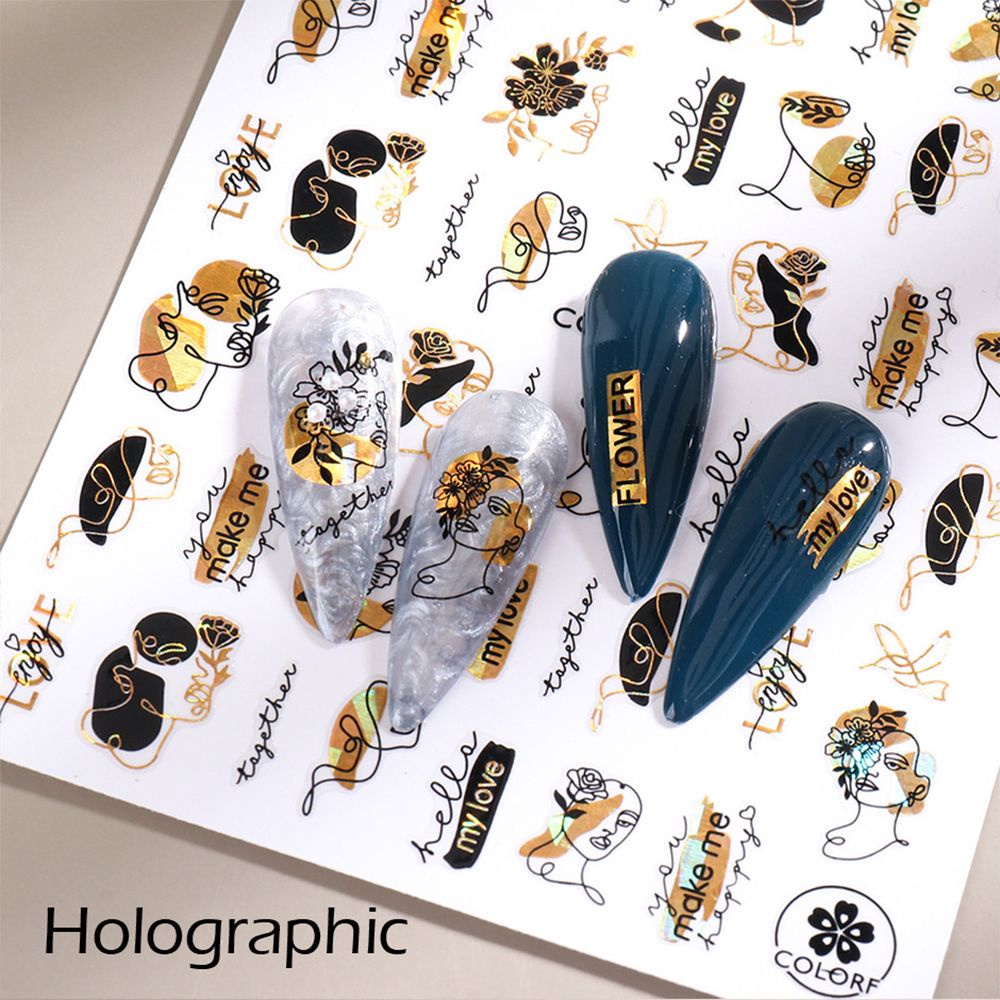 Hình Dán Móng Tay Màu Đen Laser Họa Tiết Hoa Lá Và Con Ong 3D DIY|Trang Trí Trừu Tượng Khuôn Mặt Ba Chiều
