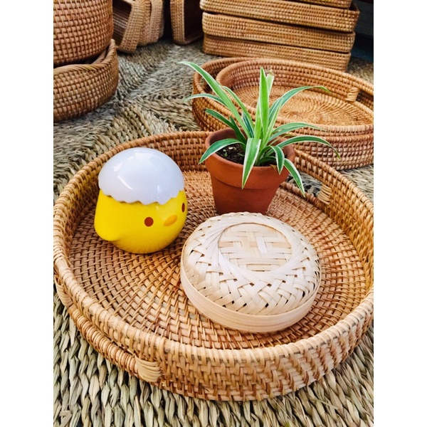 Khay mây tròn decor trang trí, để bình nước