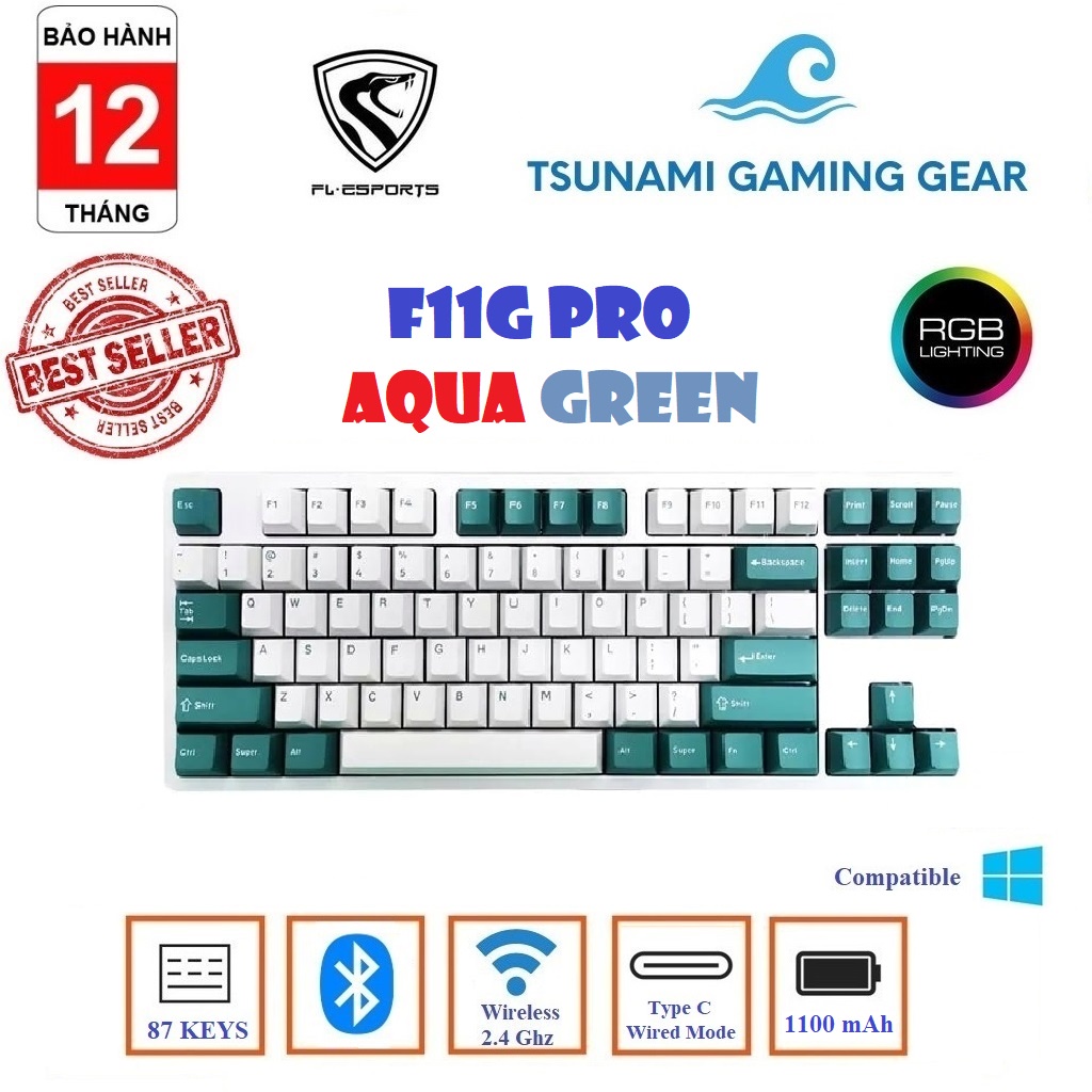 Phím cơ không dây FL-Esports F11G Pro Aqua Green RGB/ Bluetooth / Wireless 2.4Ghz / Gateron Pro Switch