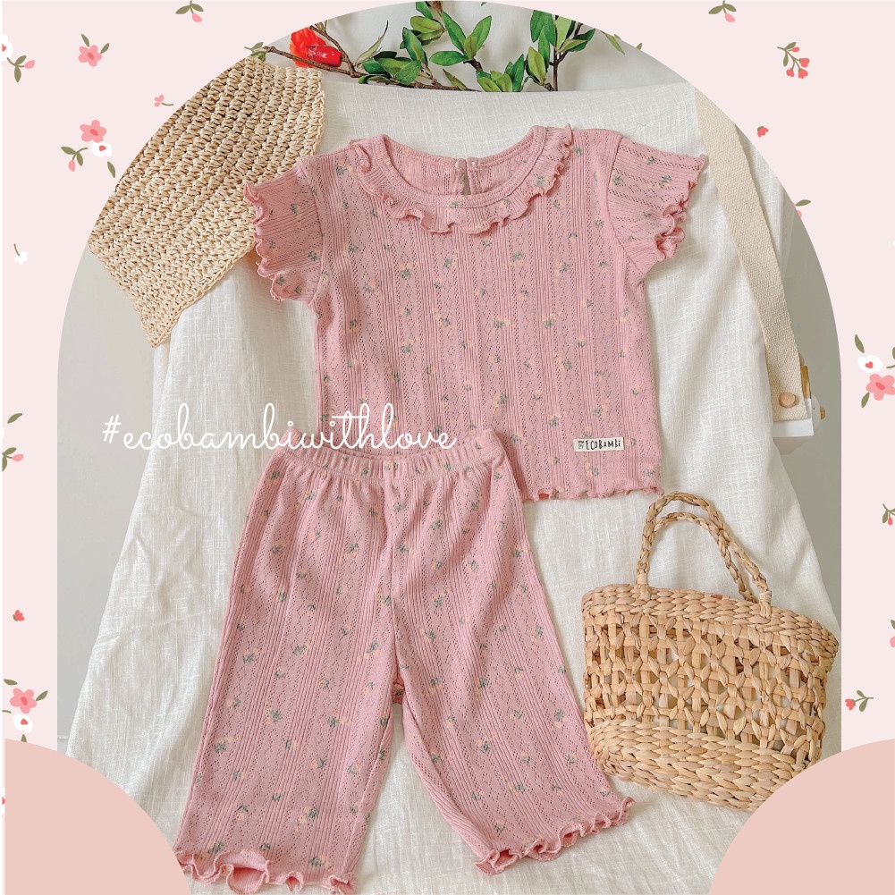 Bộ cotton thun Hàn bé gái tay ngắn, QUẦN LỬNG kiểu dệt jacquard hoa nhí Ecobambi