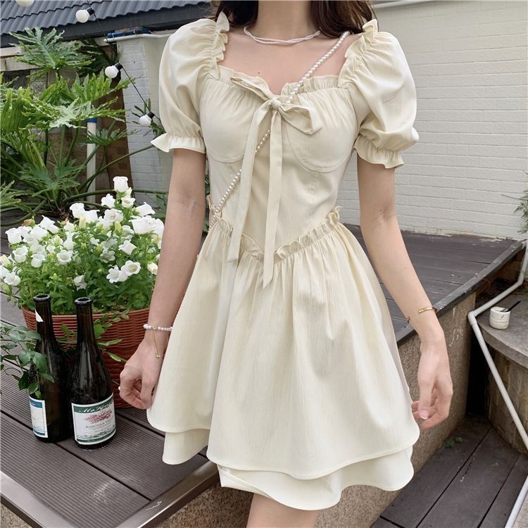 Đầm Tay Phồng Ngắn Cổ Vuông Phong Cách Pháp Thời Trang Mùa Hè Mới Cho Nữ
