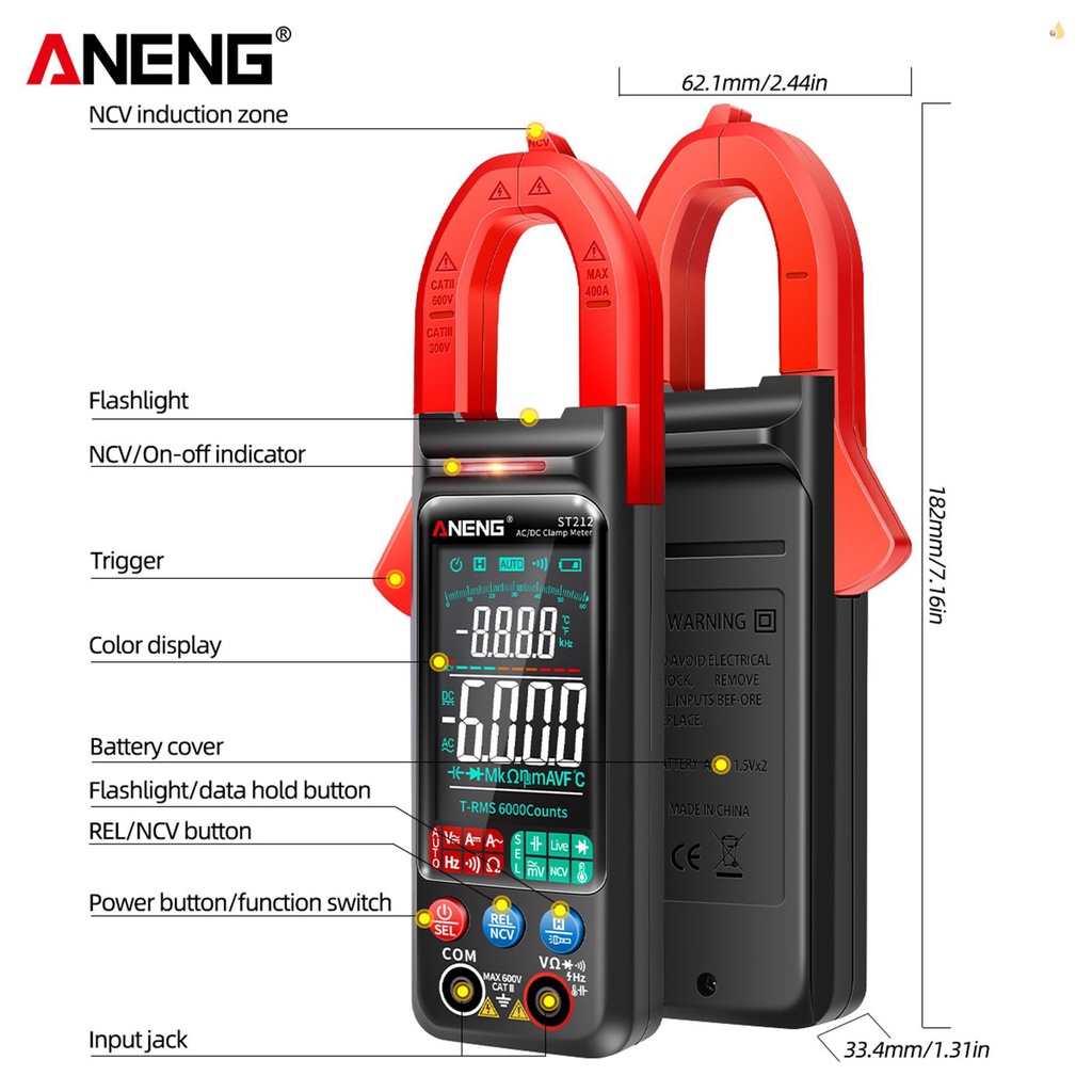 Kẹp Vạn Năng Kế Kỹ Thuật Số Thông Minh AC &amp; DC 400A ANENG ST212 Có Màn Hình Màu Kỹ Thuật Số