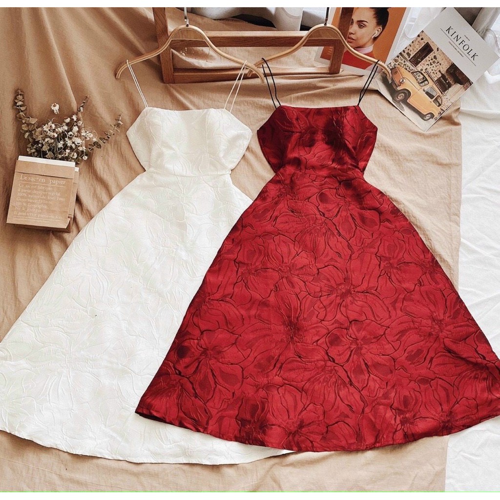 _Đầm Midi 2s Gấm Tafta Hoa Hồng Sang chảnh Trắng/Đỏ PHS1374