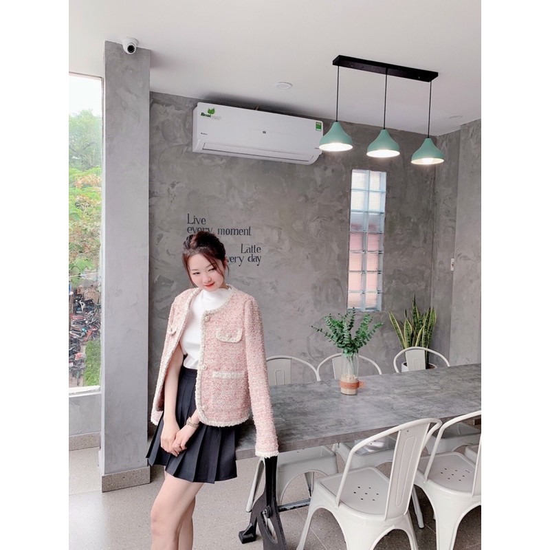 áo khoác dạ tweed hồng viền ngọc 6948 sz ml (sẵn)