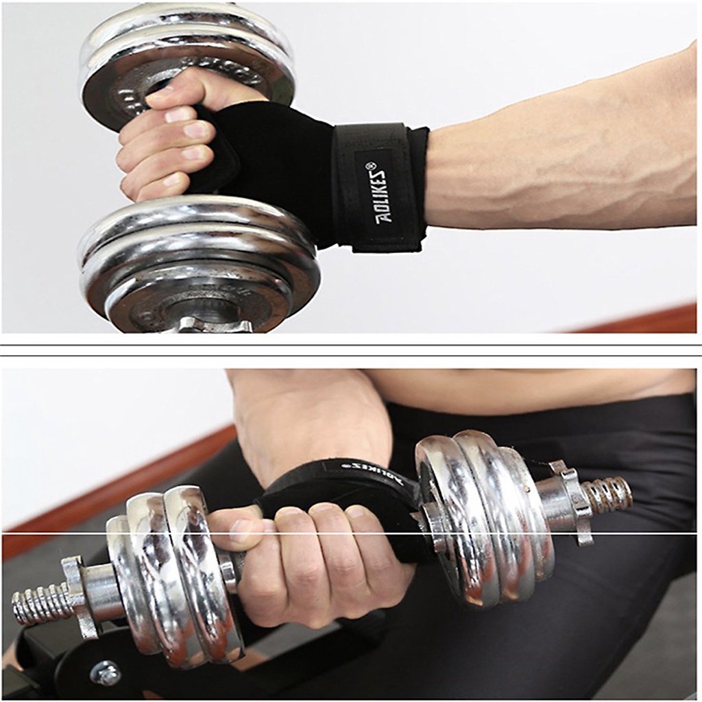 Găng Tay Tập GYM Hở Mu Bàn Tay Lifting Grips Aolikes Pro AL7639 7639 Kiêm Dây Kéo Lưng