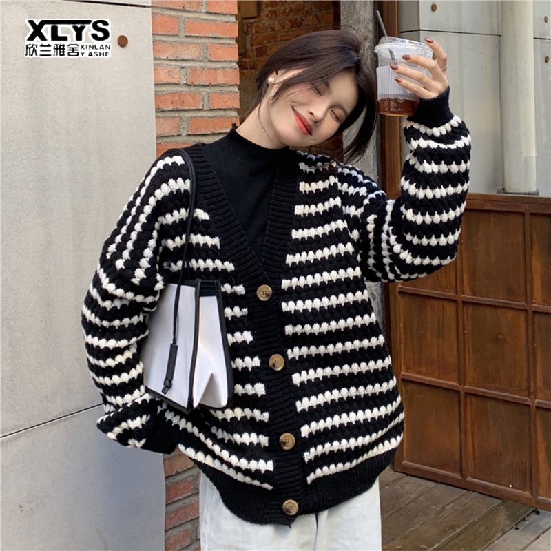 Áo khoác cardigan XINLANYASHE dệt kim cổ chữ V dáng rộng kẻ sọc thời trang thu đông dành cho nữ áo khoác lông tim