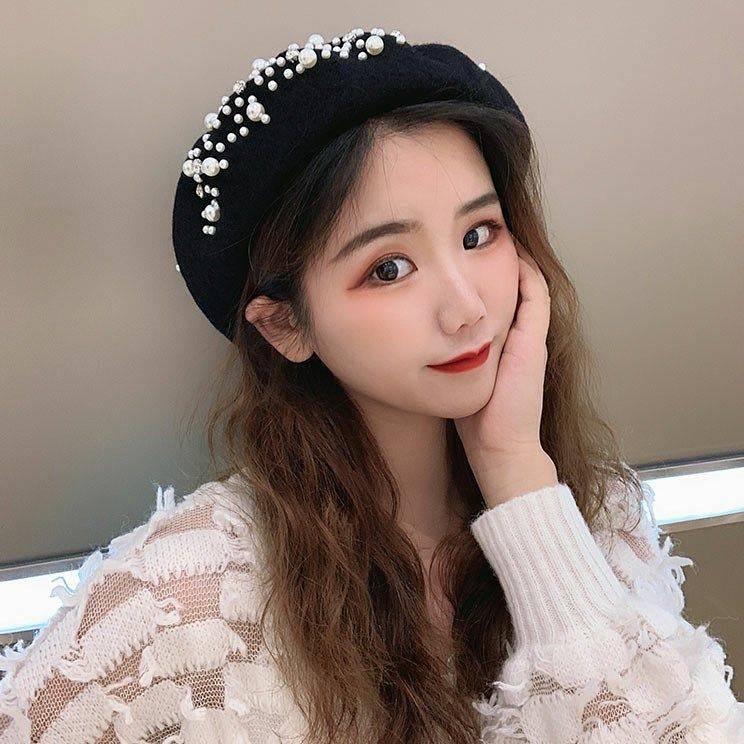 Mũ nồi vải len đính đá và ngọc trai nhân tạo phong cách Hàn Quốc thời trang thu đông mới cho nữ
