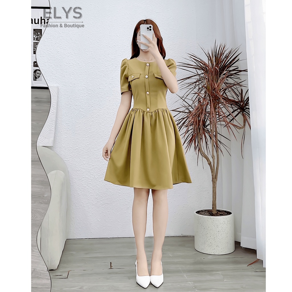 Váy Đầm Tiểu Thư Công Sở ELYS Chất Tuyết Mưa Cao Cấp Thiết Kế Tay Bồng Xếp Ly Dáng Xòe Phối Cúc LY018