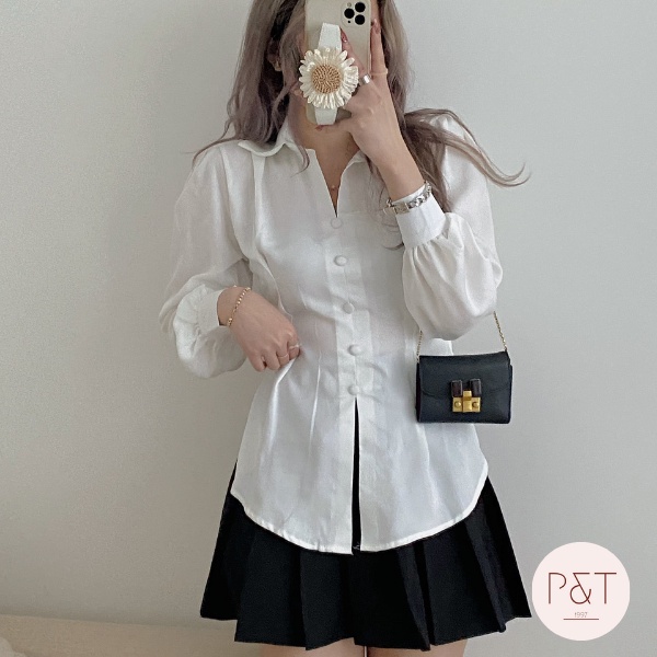 Áo Sơ Mi Lụa Cúc Bọc Thắt Nơ Lưng Siêu Xinh