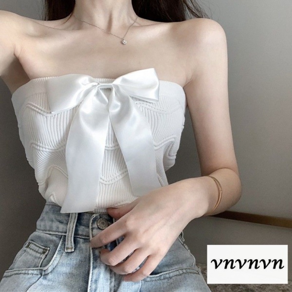 Thời Trang Nữ Áo Ống Dệt Kim Phối Nơ Xinh Xắn Dành Cho Nữ