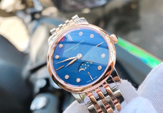 Đồng hồ nam  ⌚ Frederique Constant Slimline Moonphase Blue Dial Demi Rose Ladies Watch  - model : FC-206ND1S2B