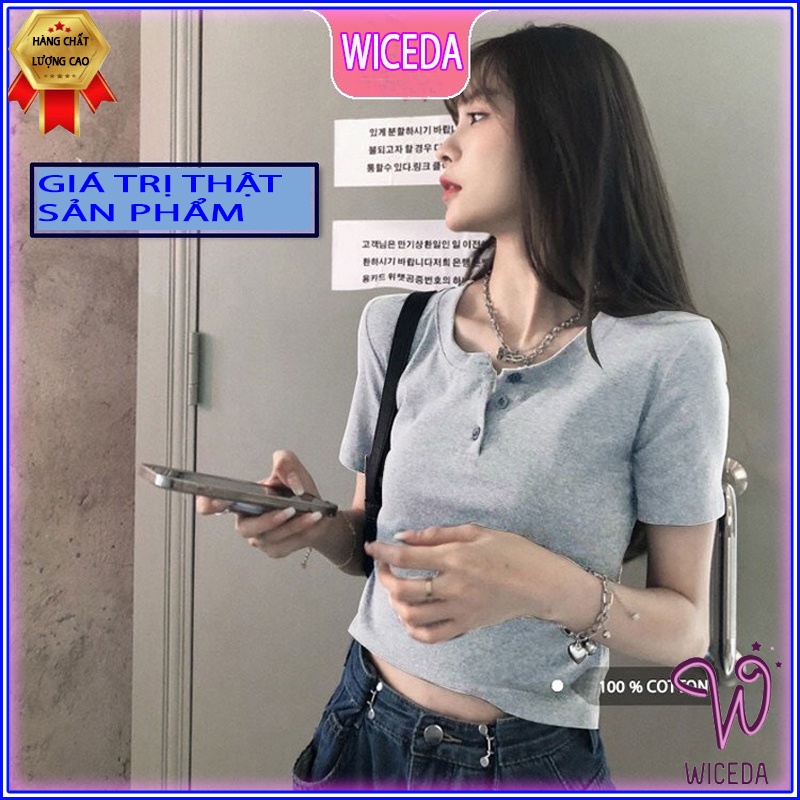 Áo croptop cổ v tay ngắn đẹp,áo thun cộc tay xinh chất 100% cotton cúc thật 4 màu đen trắng hồng ghi Wiceda AV301
