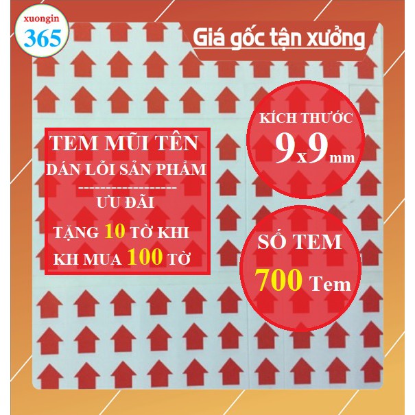 700 Tem mũi tên sticker dán lỗi sản phẩm kích thước 9x9mm phục vụ ngành may mặc, công nghiệp.