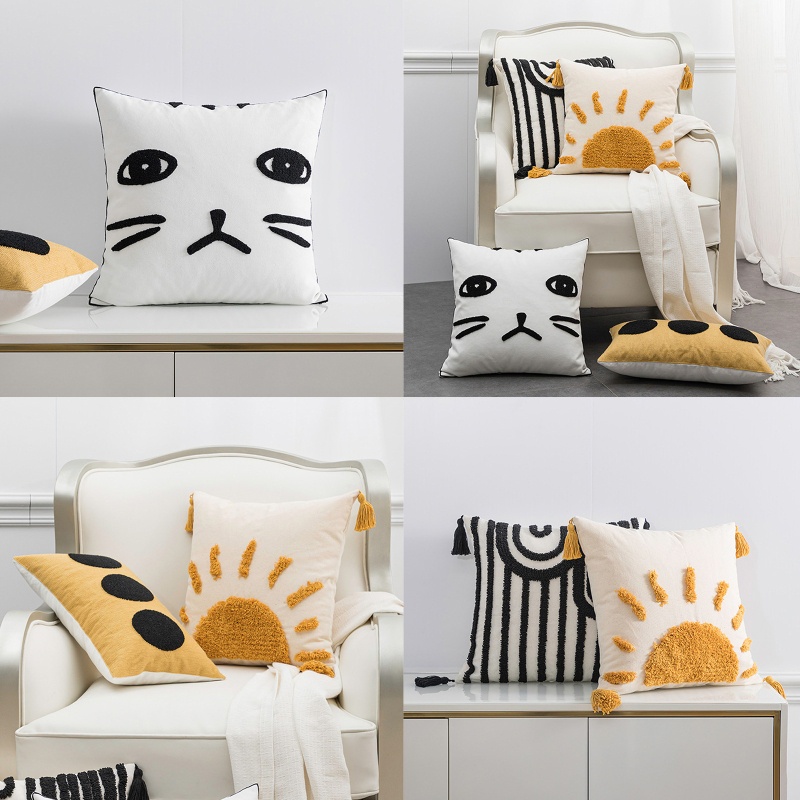 Vỏ Gối Thêu Họa Tiết Hình Học Phối Tua Rua Phong Cách Bắc Âu Hiện Đại