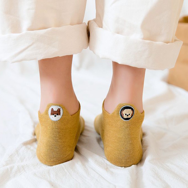 Tất cổ ngắn gót thêu cún xinh xắn, vớ ngắn cổ chất cotton thoáng êm chân trơn màu
