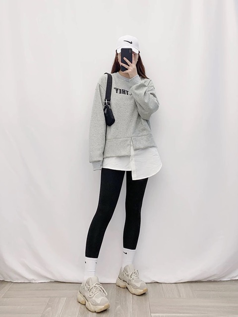 Áo sweater nỉ bông phối layer vạt trắng