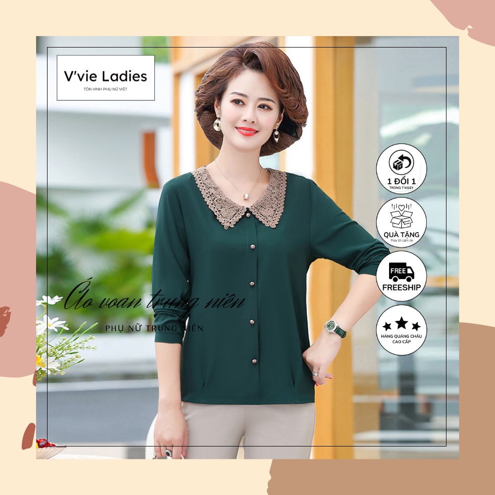 [Ảnh thật][Cao cấp]Áo voan mùa thu tay dài cổ ren 3 màu - Thời trang trung niên nữ V'vie Ladies
