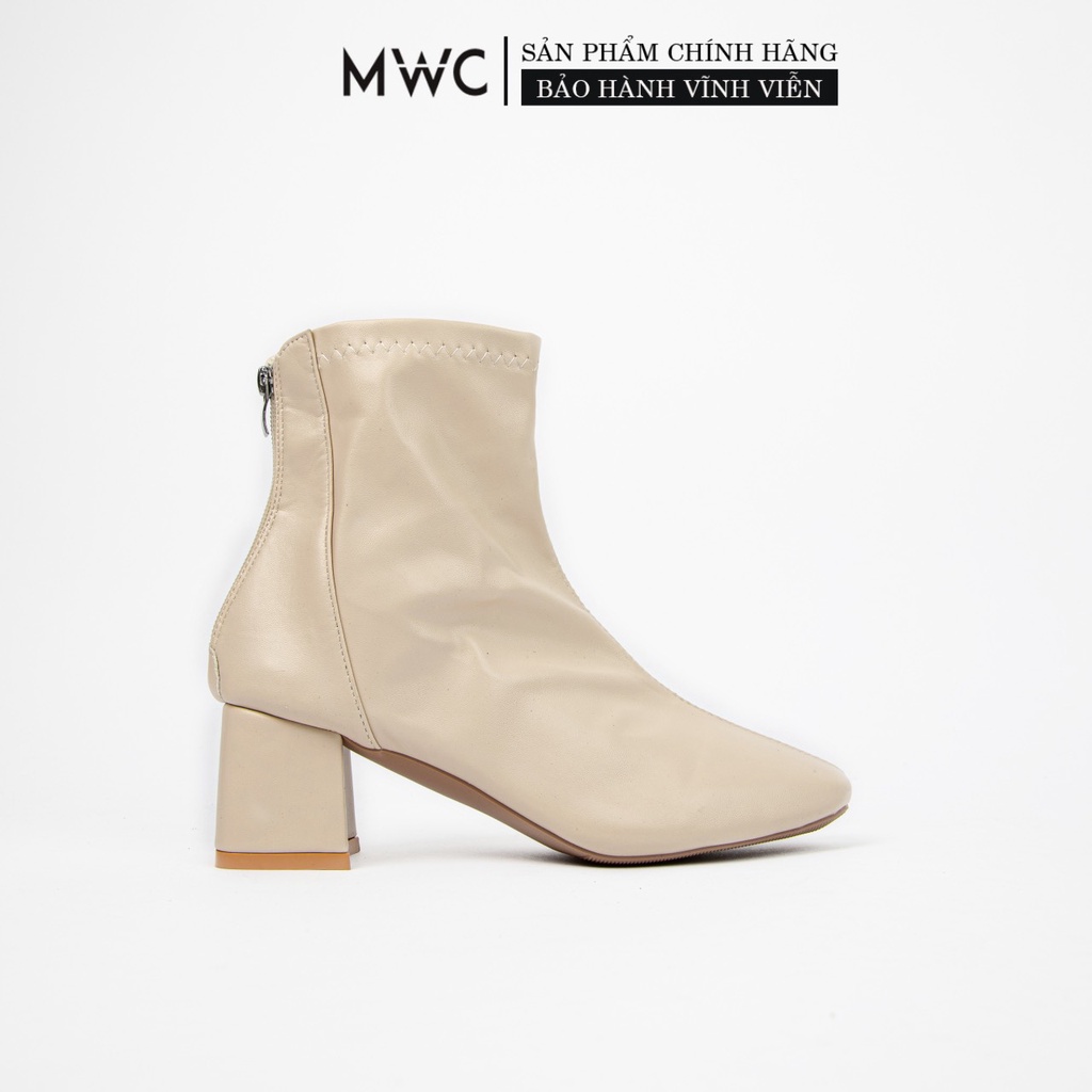 Giày Boots Nữ thời trang MWC Boot cổ cao gót vuông 5p dáng bốt lửng màu đen kem siêu HOT NUBO-9101