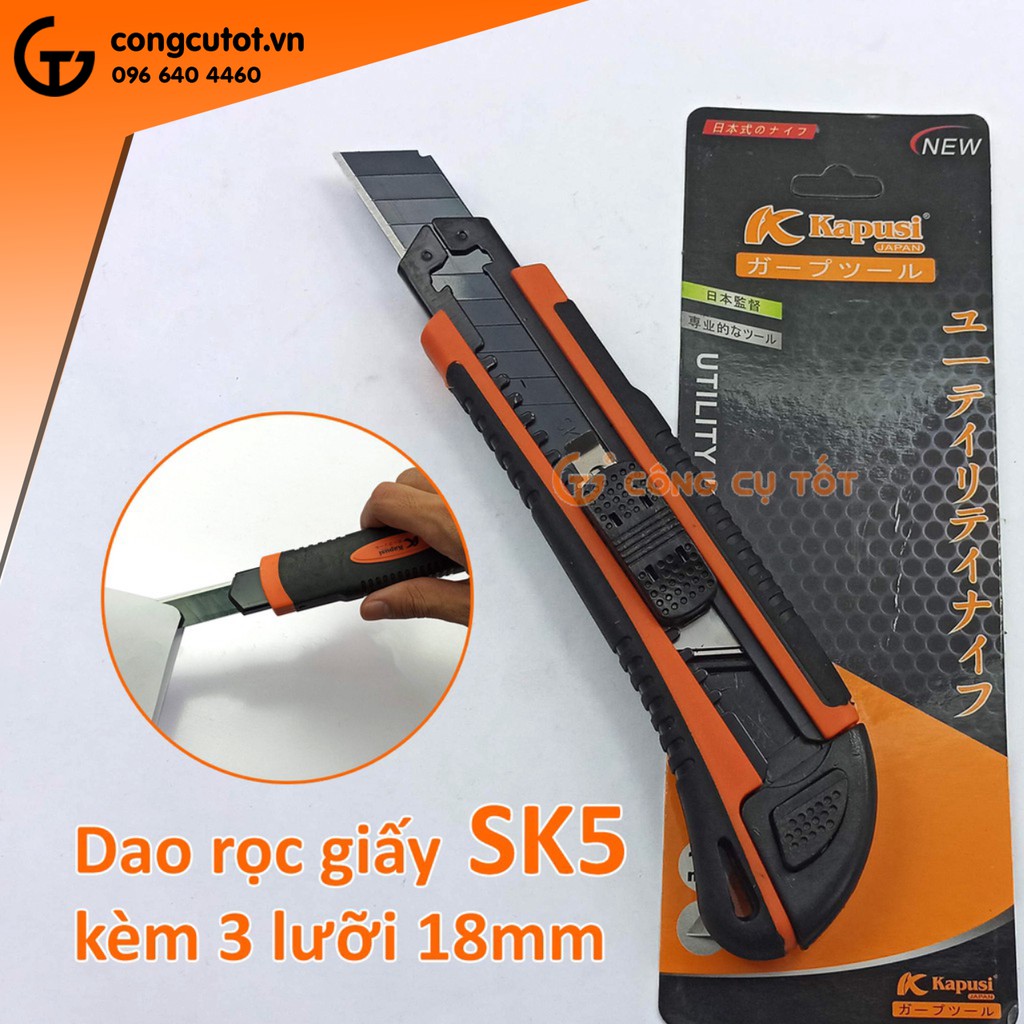 Dao rọc giấy kèm 3 lưỡi bản rộng thép SK5 cao cấp 18mm Kapusi