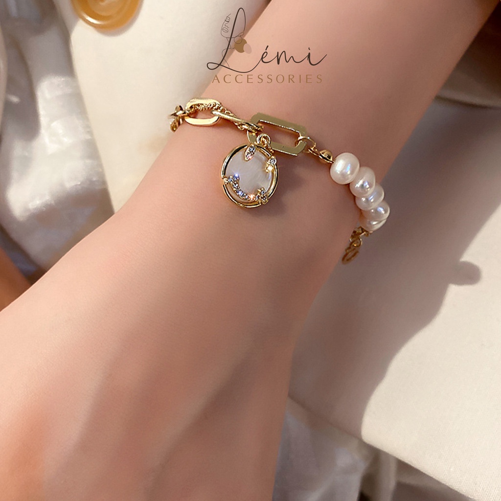Lắc tay hạt trai nước ngọt mặt cười LEMI Vòng tay Retro số 5 bền màu thời trang Hàn Quốc
