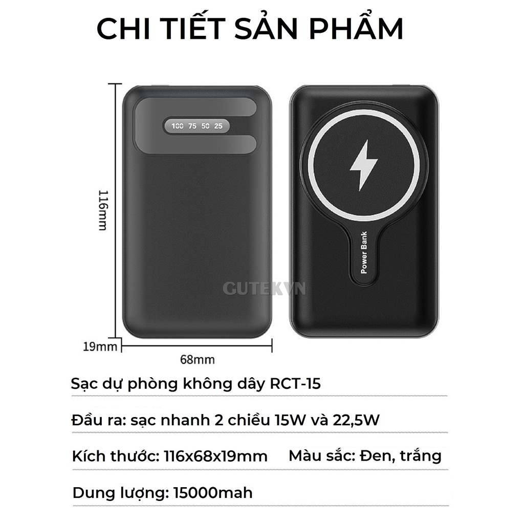 Sạc dự phòng không dây sạc nhanh 22,5W pin 15000mah mini nhỏ gọn cho từ ip 8/X/11/12/13 – Gutek RCT-015