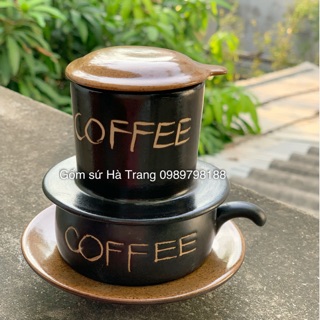 Phin pha cafe men đen khắc chữ COFFEE gốm sứ Bát Tràng cao cấp