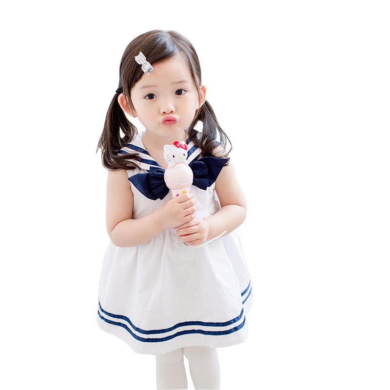 Đầm Sát Nách Cổ Thủy Thủ Vải Cotton Mềm Màu Trắng Dễ Thương Cho Bé Gái