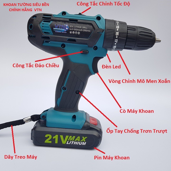 Máy Khoan Pin 21v, Kiêm Bắt Vít - Khoan Tường, Sắt, Gỗ Tặng Kèm Phụ Kiện Chính hãng VTN bảo Hành 6 Tháng