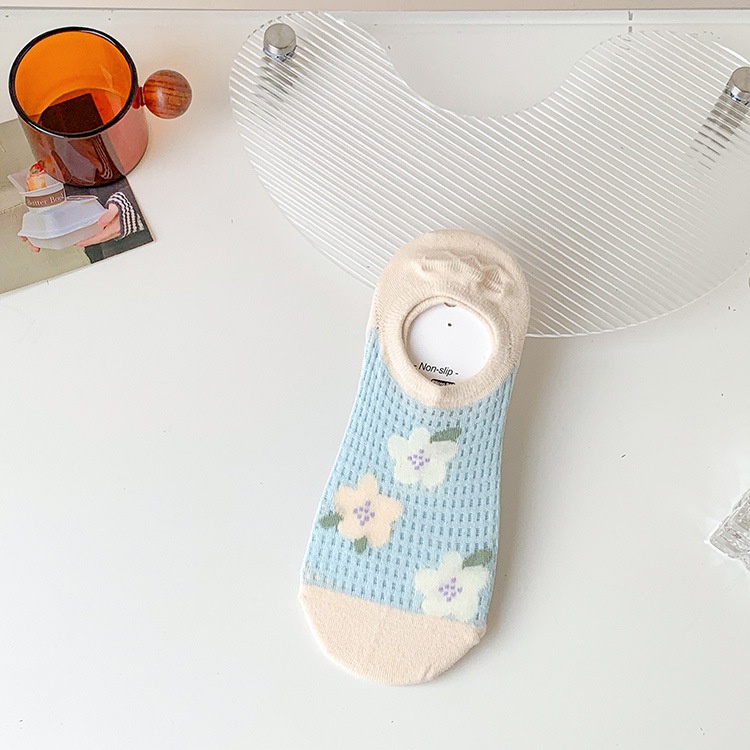 Vớ Thuyền Vải Cotton Phối Lưới Thoáng Khí In Hình Hoa Tulip Phong Cách Nhật Bản