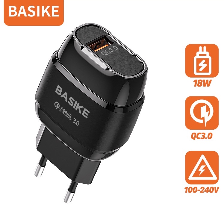 Củ sạc nhanh BASIKE-AE95 cổng USB 18W 3A chất liệu ABS + V0 chống cháy có đèn LED