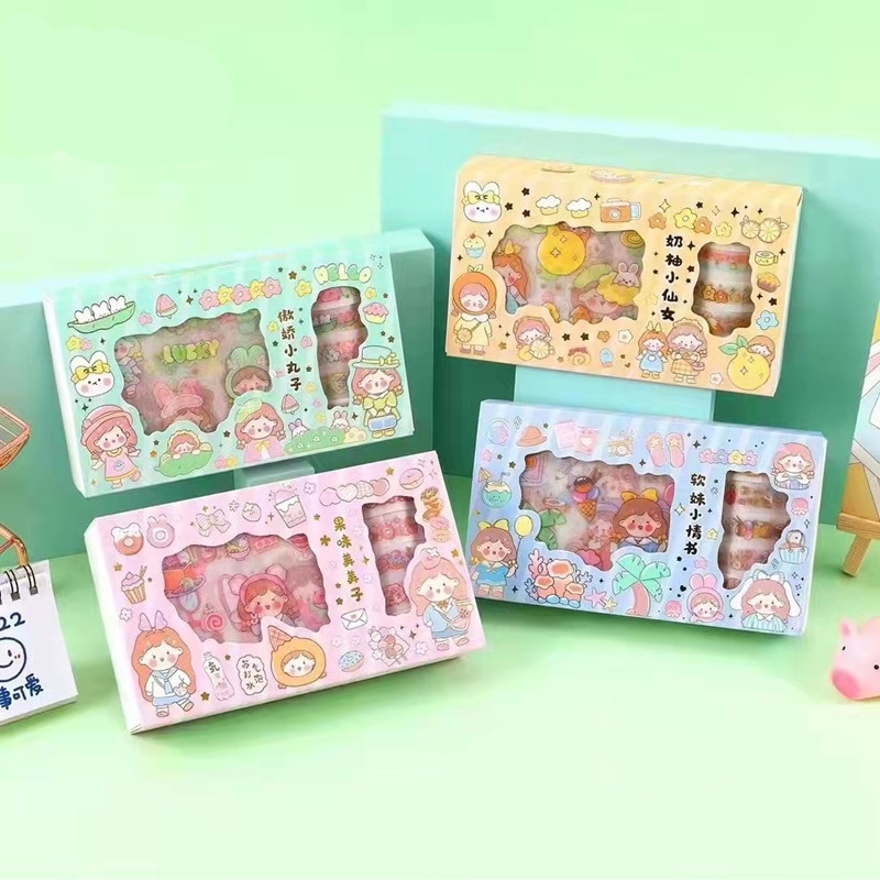 Hộp washi kèm sticker trang trí nhũ lấp lánh dễ thương đồng bộ
