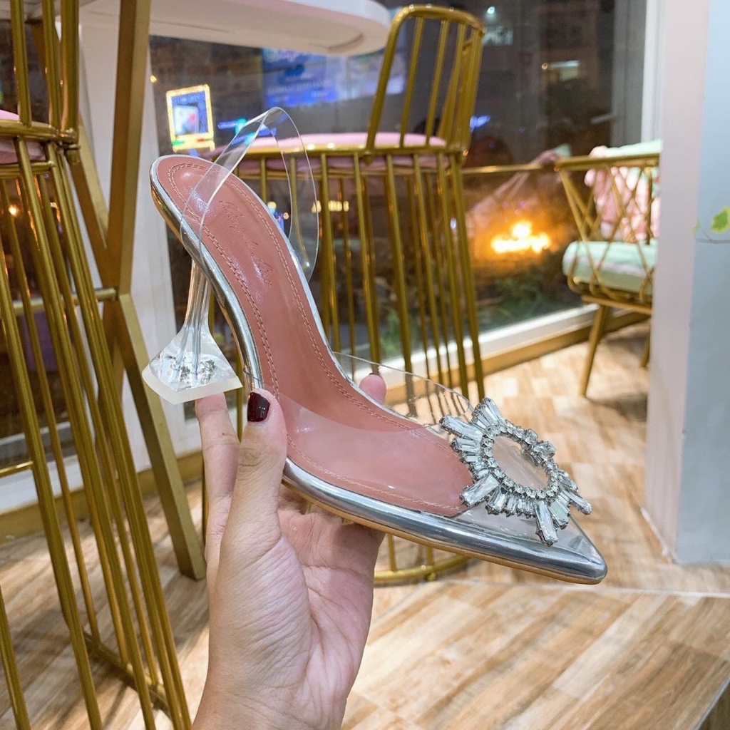 Giày cao gót sandal trắng trong hoa đá công chúa gót ly 6 phân cực xinh xắn
