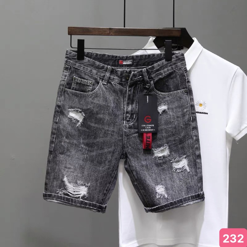 Quần short jean nam boy phố rách vá màu đen chất bò cao cấp co dãn 4 chiều cực đẹp, quần lửng nam havado29 mẫu mới