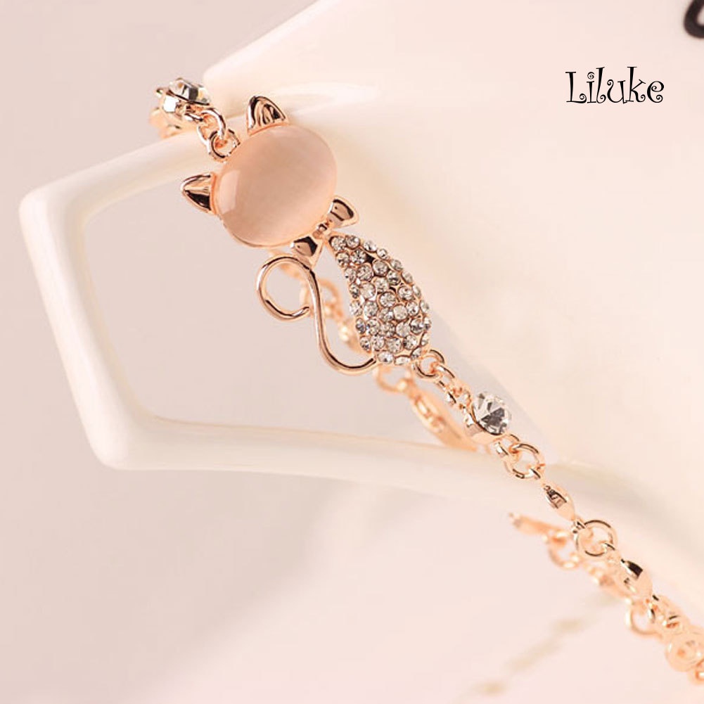 Vòng Tay Hợp Kim Mạ Vàng Trang Trí Hình Mèo Đính Đá Opal Thời Trang Cho Nữ