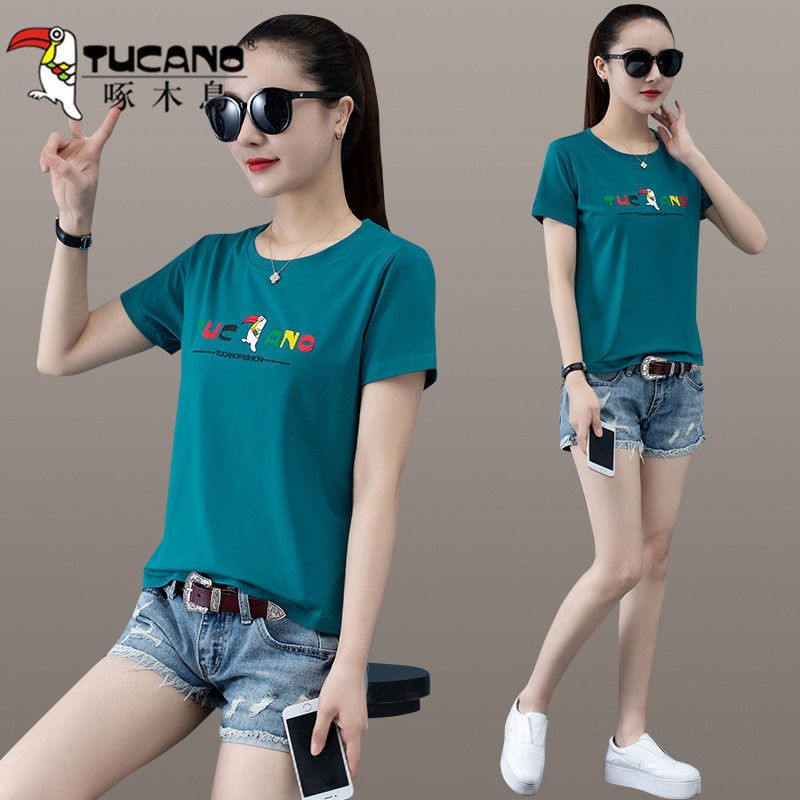 ✿Woodpecker cotton T-shirt nữ ngắn tay mùa hè 2021 thời trang mới phong cách nước ngoài phiên bản Hàn Quốc áo mỏ