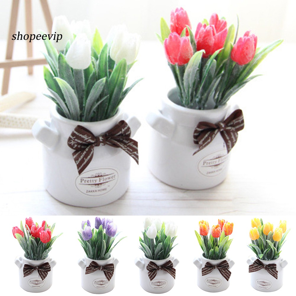 Bộ Chậu Hoa Tulip Giả Kèm Nơ Xinh Xắn Dùng Để Trang Trí Độc Đáo